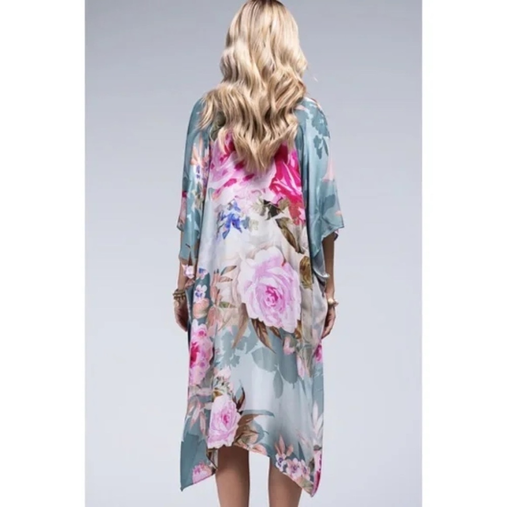 Rose Floral Printed Monet Spring Summer Open Style Kimono Wrap Coverup Top - Picture 4 of 5